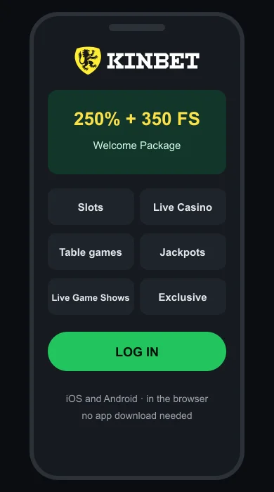 Kinbet on your phone: the mobile site in a browser with lobby categories and the Log In button Kinbet on your phone: the mobile site in a browser with lobby categories and the Log In button